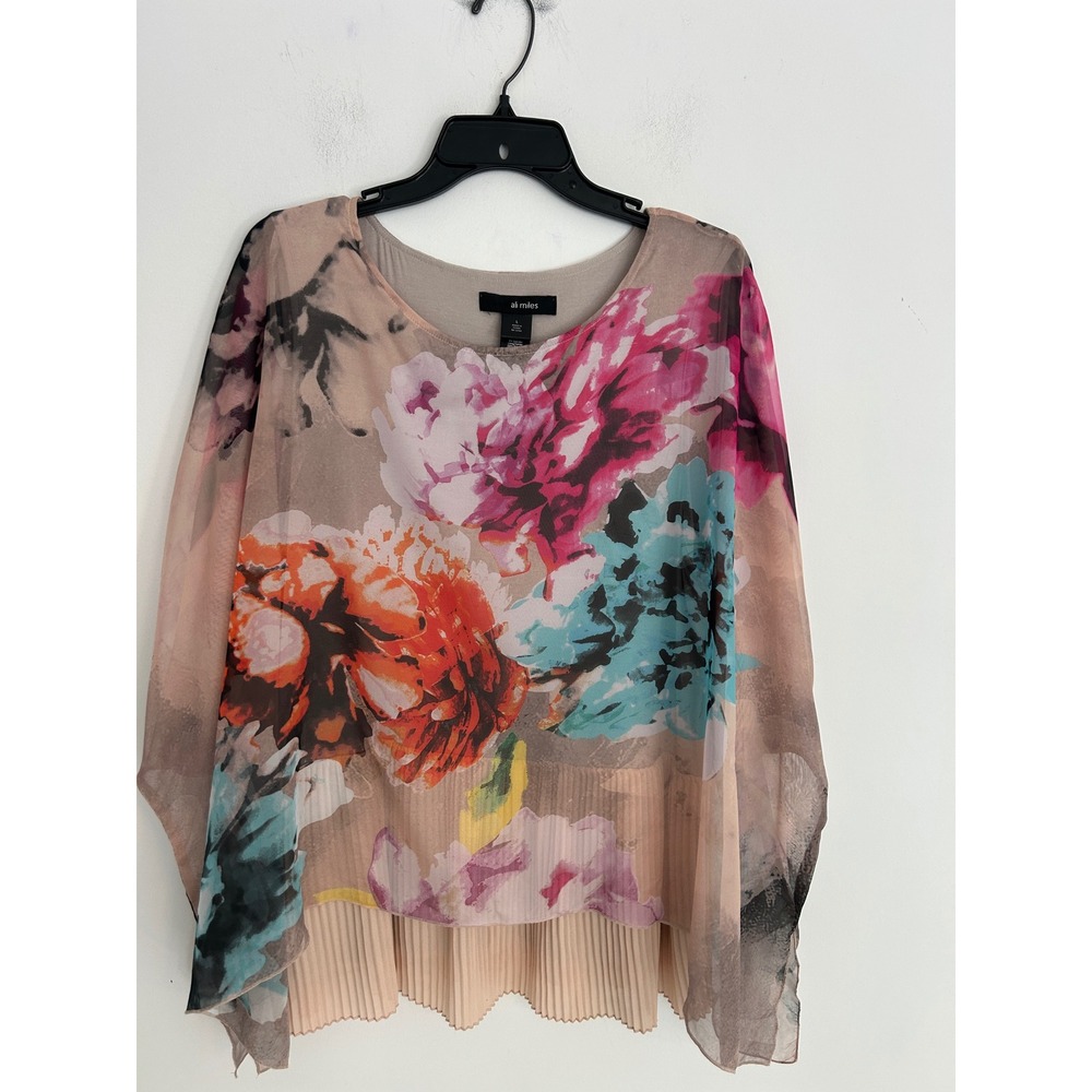 Ali Miles Womens Floral Watercolor‎ Pleated Hem Layered Poncho Top Tan Large